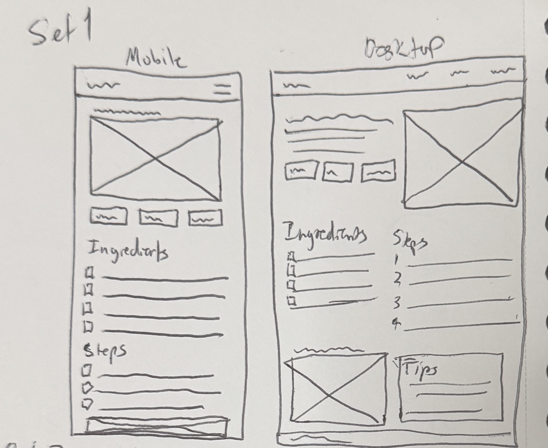 Set 1 low-fidelity sketches, mobile and desktop